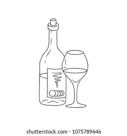 Hand Drawn Doodle Sketch Line Art Vector Illustration of Bottle of Wine And Wineglass. Emblem Poster Banner Black Outline Design Element Template