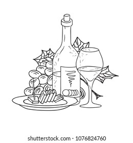 Hand Drawn Doodle Sketch Line Art Vector Illustration of Bottle of Wine Wineglass Bunch of Grape and Plate of Cheese. Emblem Poster Banner Black Outline Design Element Template