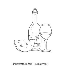Hand Drawn Doodle Sketch Line Art Vector Illustration of Bottle of Wine Wineglass and Wedge of Cheese. Emblem Poster Banner Black Outline Design Element Template