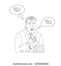 Hand Drawn Doodle Sketch Line Art Vector Illustration of Statesman Making Campaign Promises in Speech Bubbles. Caricature Emblem Poster Banner Black Outline Design Element Template