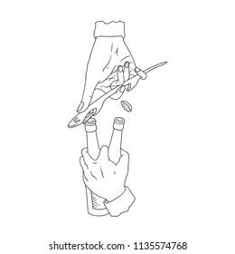 Hand Drawn Doodle Sketch Line Art Symbolic Vector Illustration of Two Bottles of Beer Opening by One Hand. Party Invitation Poster Card Emblem Tattoo Black Outline Design Element Template