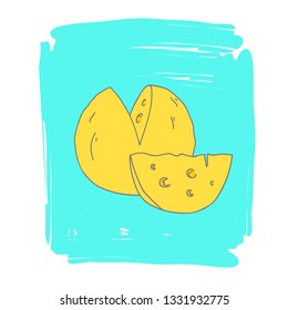 Hand drawn doodle sketch line art vector illustration of wedge and wheel of yellow cheese on blue paintbrush strokes background. Retro style pastel colors. Food poster design element template