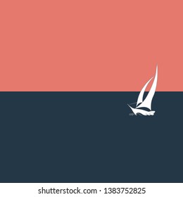 Hand drawn doodle sketch line art vector illustration of sailing yacht on waves on duotone peachy pink dark navy blue background of sea and sky at dawn. Design Element Branding Template