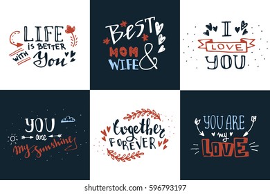 Hand drawn doodle sketch love quotes vector set. Romantic greetings handwritten collection
