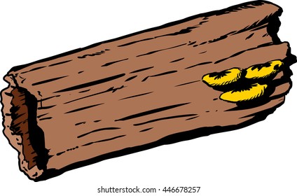 Hand drawn doodle sketch of mushrooms growing on single rotting hollow log over white background