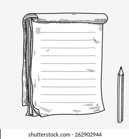 Hand drawn doodle sketch open notebook, clear page, template for notes memo notice comic book scrapbook sketchbook textbook with pencil.