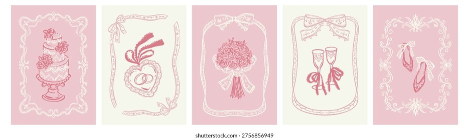 Hand drawn doodle sketch outline victorian baroque style wedding invitations design. Pink coquette girly whimsical frames with cocktail, champagne glass, wedding cake, lace rococo renaissance boarder