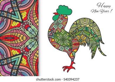 Hand drawn doodle sketch rooster and decorative seamless pattern. New year 2017. Greeting card or party invitation template. Colorful artwork, cartoon bird illustration. Isolated design elements