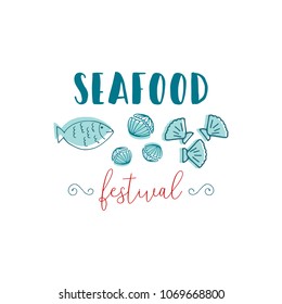 Hand Drawn Doodle Sketch Seafood illustration. Nautical background for seafood or fish restaurants, bars, markets or festivals. Vector template