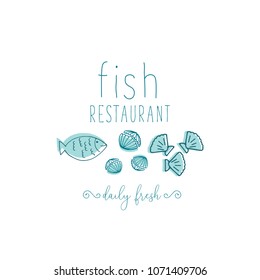 Hand Drawn Doodle Sketch Seafood illustration. Nautical background for seafood or fish restaurants, bars, markets or festivals. Vector template