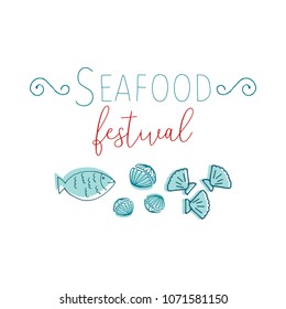 Hand Drawn Doodle Sketch Seafood illustration. Nautical background for seafood or fish restaurants, bars, markets or festivals. Vector template