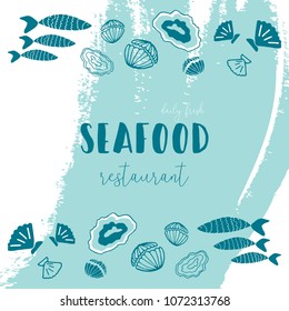 Hand Drawn Doodle Sketch Seafood illustration. Nautical background for seafood or fish restaurants, bars, markets or festivals. Vector template