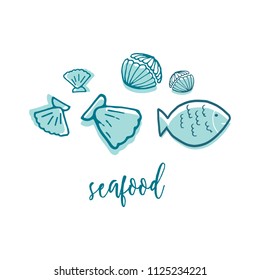Hand Drawn Doodle Sketch Seafood illustration. Nautical background for seafood or fish restaurants, bars, markets or festivals. Vector template