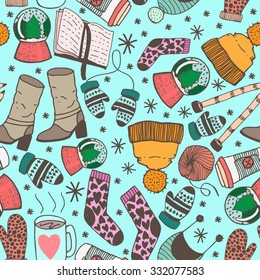 Hand drawn doodle sketch seamless pattern. Winter fashion vintage pattern for stationary, fabric, scrapbooking and wallpaper.