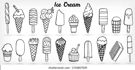 Hand drawn doodle sketch set of Ice creams. 20 types of summer sweets illustration in different types and forms isolated on white background. Vector icon collection for greeting card, invitation