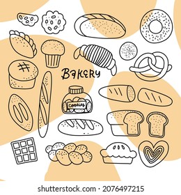 Hand drawn doodle sketch set of breads and buns in line art style. Vector linear illustration of bakery collection in black.