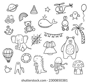 Hand drawn doodle sketch set. Vector cute illustrations Isolated on white. Hot air balloon, tic tac toe and elephant.