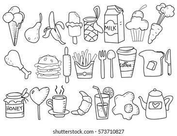 Hand drawn doodle sketch set of food and drink. Cartoon vector background and icon illustrations.