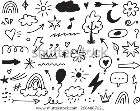 Hand Drawn Doodle Sketch Set with Clouds Trees Hearts Arrows and Fun Symbols