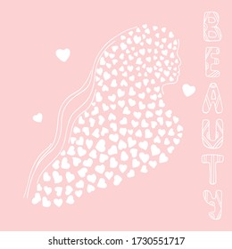 Hand drawn doodle sketch silhouette of face and hair woman of hearts shape. Lettering Beauty with pattern, line. Vector for design card, invitation, Birthday, Mothers day, Womens day, Valentines Day