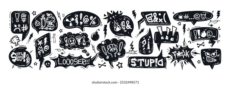 Hand drawn doodle sketch speech bubbles with insults, curses, swearwords, censored symbols. Bad words in talk frames, comic explosion boxes, dialog balloons for angry, negative expressions, frustrated