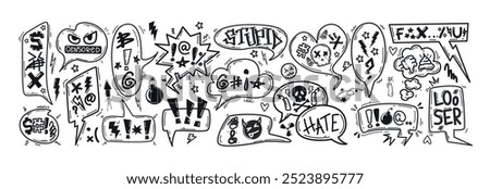 Hand drawn doodle sketch speech bubbles with insults, curses, swearwords and censored symbols. Bad words in talk frames, comic explosion boxes, dialog balloons for angry, negative expressions or hate