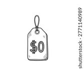Hand drawn doodle sketch style zero price tag vector