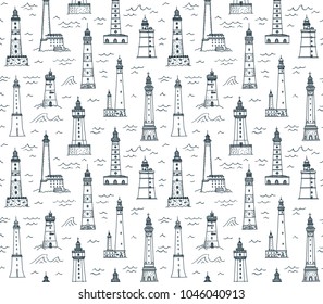 Hand drawn doodle sketch style lighthouses vector seamless pattern