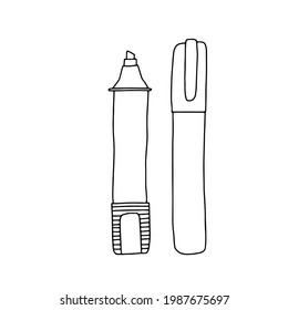 Hand drawn doodle sketch style vector illustration of highlighter marker pen with and without cap. Black, isloated on white background