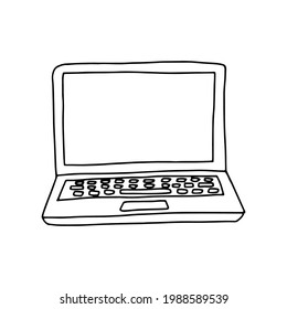 Hand drawn doodle sketch style vector illustration of single laptop computer with blank screen. Front view. Black, isolated on white background.