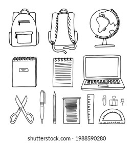 Hand drawn doodle sketch style vector illustration of school and office supplies around a backpack. Paper notebook, notepad, scissors, pens, pencils, geographical world globe, laptop. Back to school