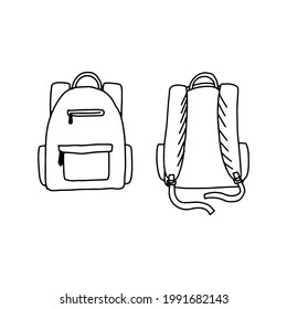 Hand drawn doodle sketch style vector illustration of school backpack. Front and back. Isolated black on white background.