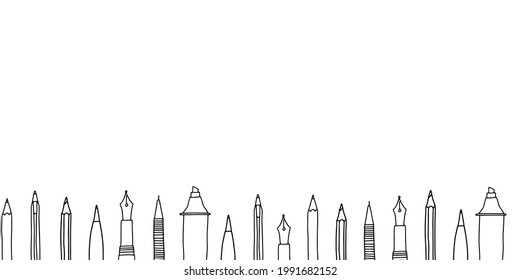 Hand drawn doodle sketch style vector illustration of various pens, pencils, markers and highlighters at the bottom of the screen in horizontal layout. For webpage background banner design. Isolated