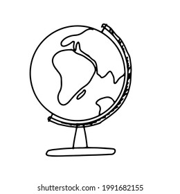 Hand drawn doodle sketch style vector illustration of geographic world globe for school. Isolated on white background.