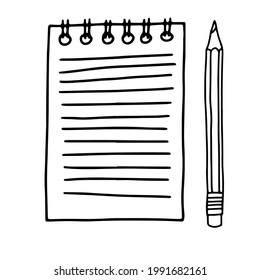 Hand drawn doodle sketch style vector illustration of spiral paper notepad with lines with space for text and pencil. Note taking concept. Isolated on white background