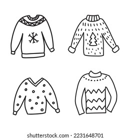 Hand drawn doodle sketch style vector illustration set of ugly Christmas sweaters. Isolated on white background.