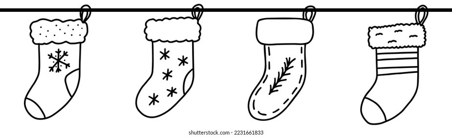 Hand drawn doodle sketch style vector illustration seamless banner of Christmas stockings with various decorations. Isolated on white background.
