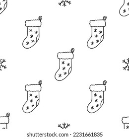 Dibujo manual de boceto estilo ilustración vectorial sin fisuras de medias navideñas. Diseño para fondo, papel de envoltura, telas. Aislado sobre fondo blanco.