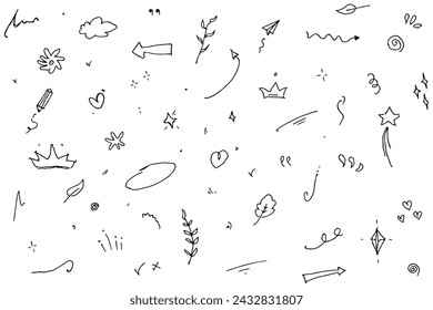 Hand drawn doodle sketch style line arrow element, star, heart shape. 