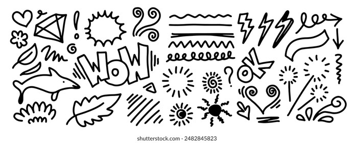 Hand drawn doodle sketch style lines, leaves, firework, arrow, heart. Vector illustration.