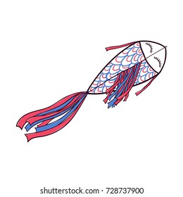 Hand drawn doodle, sketch style fish shaped kite flying in the sky with ribbon fin and tale, vector illustration isolated on white background. 