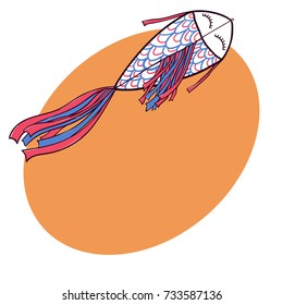 Hand drawn doodle, sketch style fish shaped kite flying in the sky with space for text, vector illustration isolated on white background. Sketch, doodle style fish kite, hand drawn marker illustration