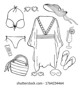 Hand drawn doodle sketch of swimsuit, floppy straw hat, cocktail, sun cream, flip flops, tunic, sleep mask, bag, sunglasses. Holiday vacation illustration. Flat vector for greeting card, invitation