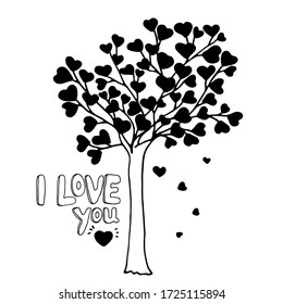 Hand drawn doodle sketch of tree on which grow hearts. Lettering I Love You. Vector concept illustration for design card, invitation to celebrate Birthday, Womens day, Mother's Day, Valentines Day