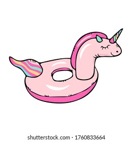Hand drawn doodle sketch vector floating unicorn float ring isolated on white background. Design for card, banner, logo, print