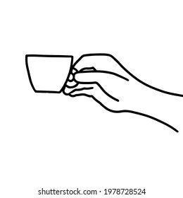 Hand drawn doodle sketch vector illustration of male or female hand in a side view holding a tea mug or espresso cup. Isolated on white background