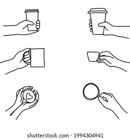 Hand drawn doodle sketch vector illustration set male   female hands in side   top view holding coffee tea mug  espresso cup   paper to  go cup  Isolated white background 