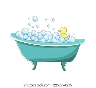 Hand drawn doodle sketch vector illustration with bathroom, bubbles and duck, children daily plan cartoon illustration.