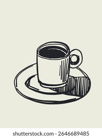 Hand drawn doodle sketch vector of simple espresso cup with saucer, minimal coffee icon in dolce vita style