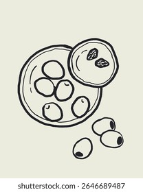Vetor de esboço desenhado à mão do doodle da placa de azeitona cerâmica com compartimento de fosso, aperitivo mediterrâneo no estilo dolce vita